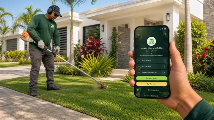 Cliente consultando la Digital Business Card de JD Landscaping mientras el profesional trabaja en una residencia de Puerto Rico