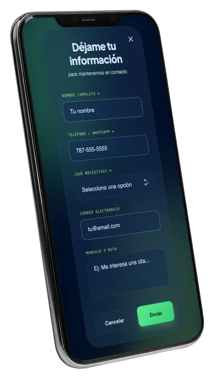 Formulario de prospectos en una tarjeta digital para realtors