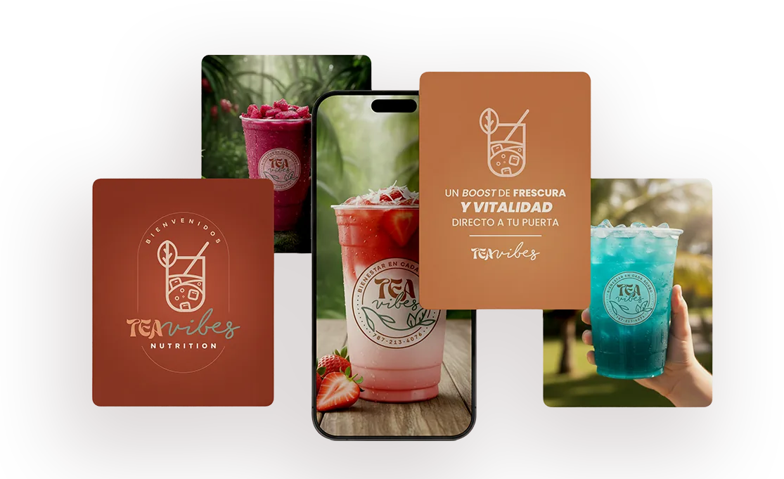 Aplicaciones de la identidad de Tea Vibes en contenido y producto